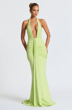 Women's Halterneck Maxi Dress with Ruched Front and Sweeping Train - 2
