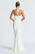 Women's Halterneck Maxi Dress with Draped Train and Ruched Front - 3
