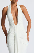 Women's Halterneck Maxi Dress with Draped Train and Ruched Front - 6