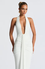 Women's Halterneck Maxi Dress with Draped Train and Ruched Front - 7
