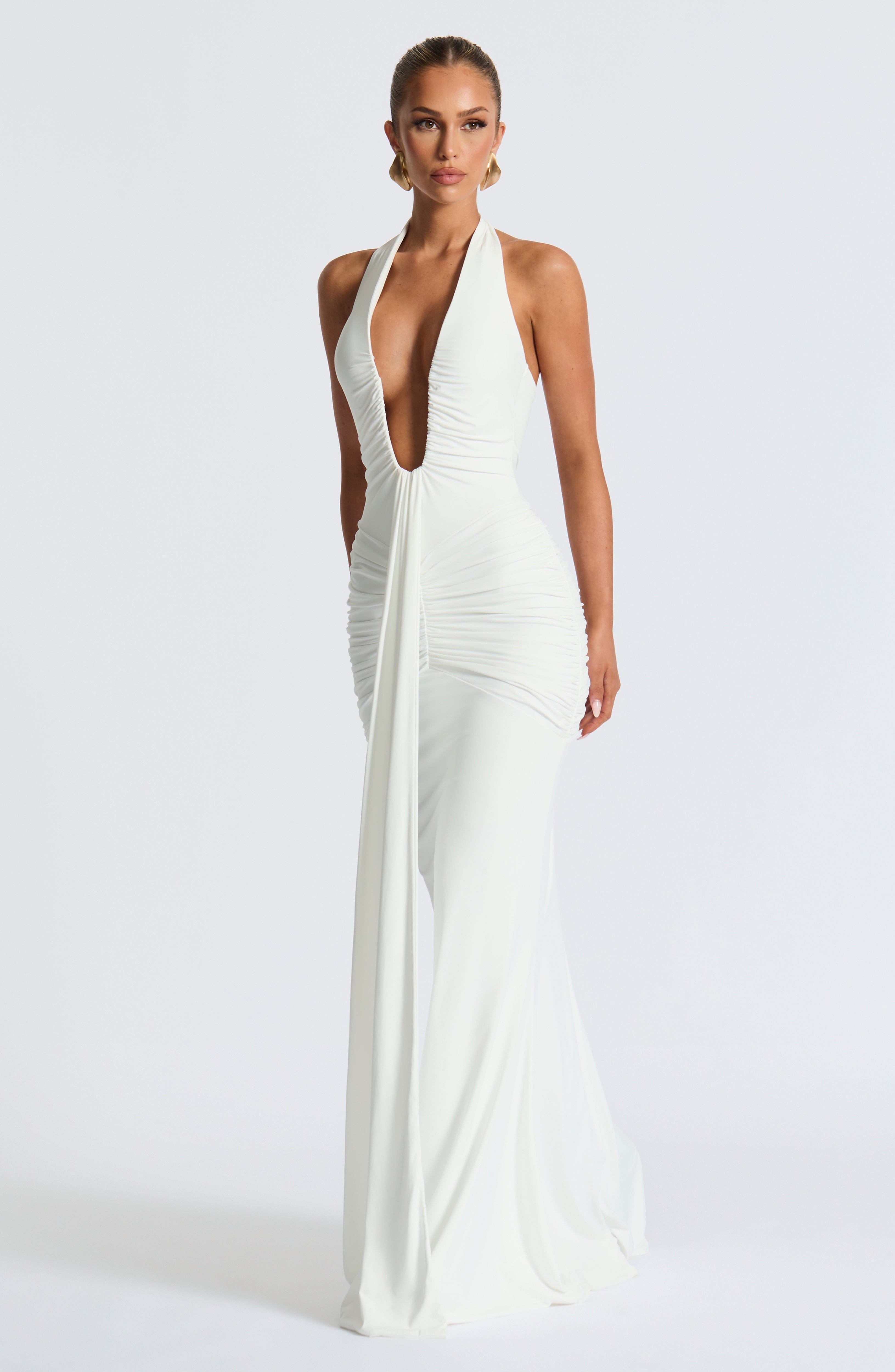 Women's Halterneck Maxi Dress with Draped Train and Ruched Front - 2