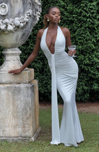 Women's Halterneck Maxi Dress with Draped Train and Ruched Front - 9