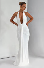 Women's Halterneck Maxi Dress with Draped Train and Ruched Front - 5
