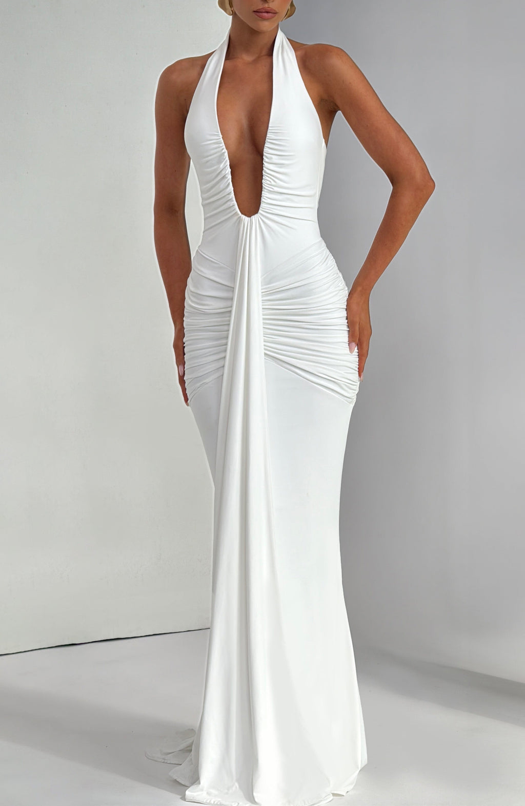 Women's Halterneck Maxi Dress with Draped Train and Ruched Front - 4