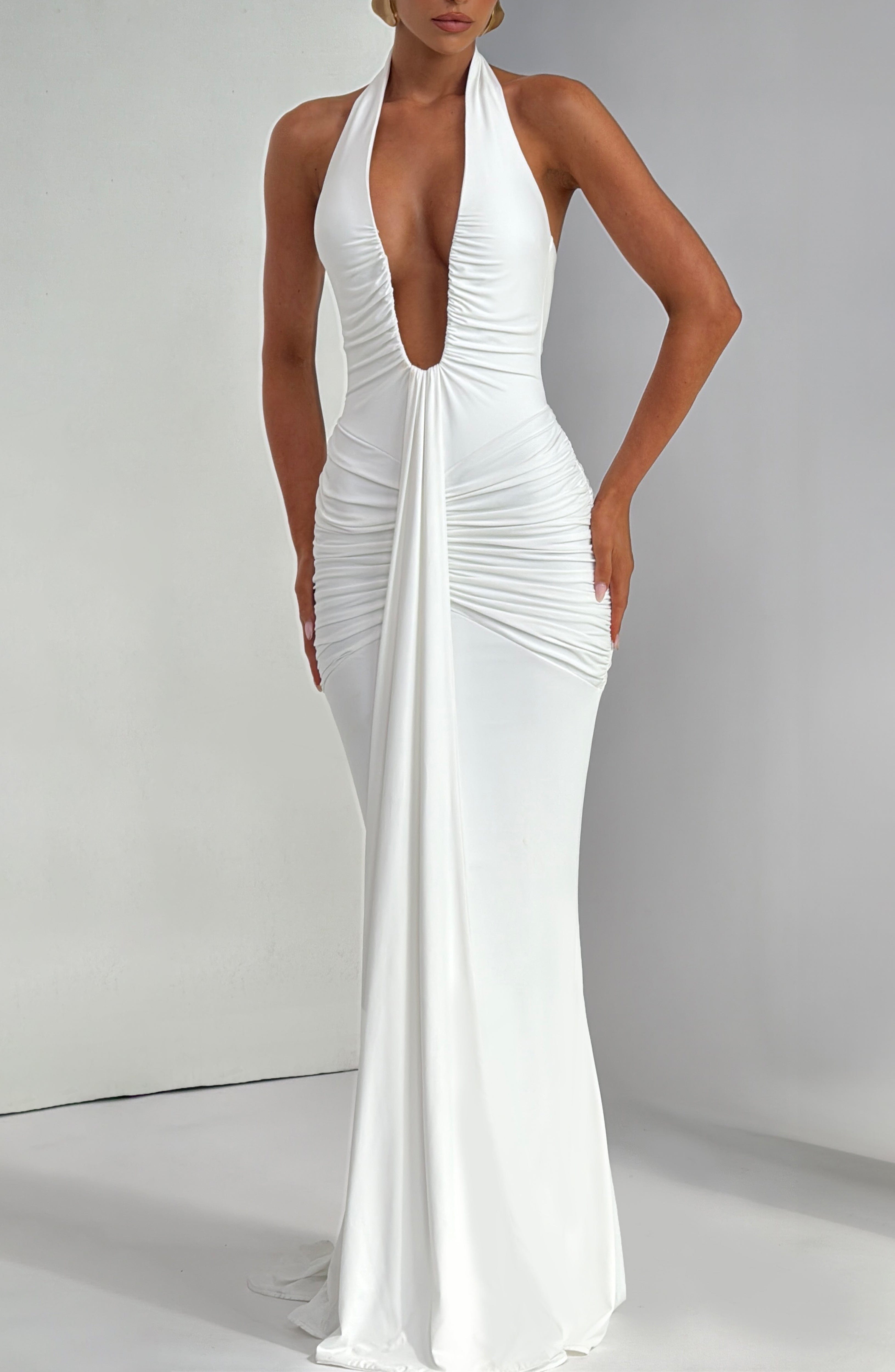 Women's Halterneck Maxi Dress with Draped Train and Ruched Front - 4