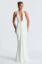 Women's Halterneck Maxi Dress with Draped Train and Ruched Front - 8