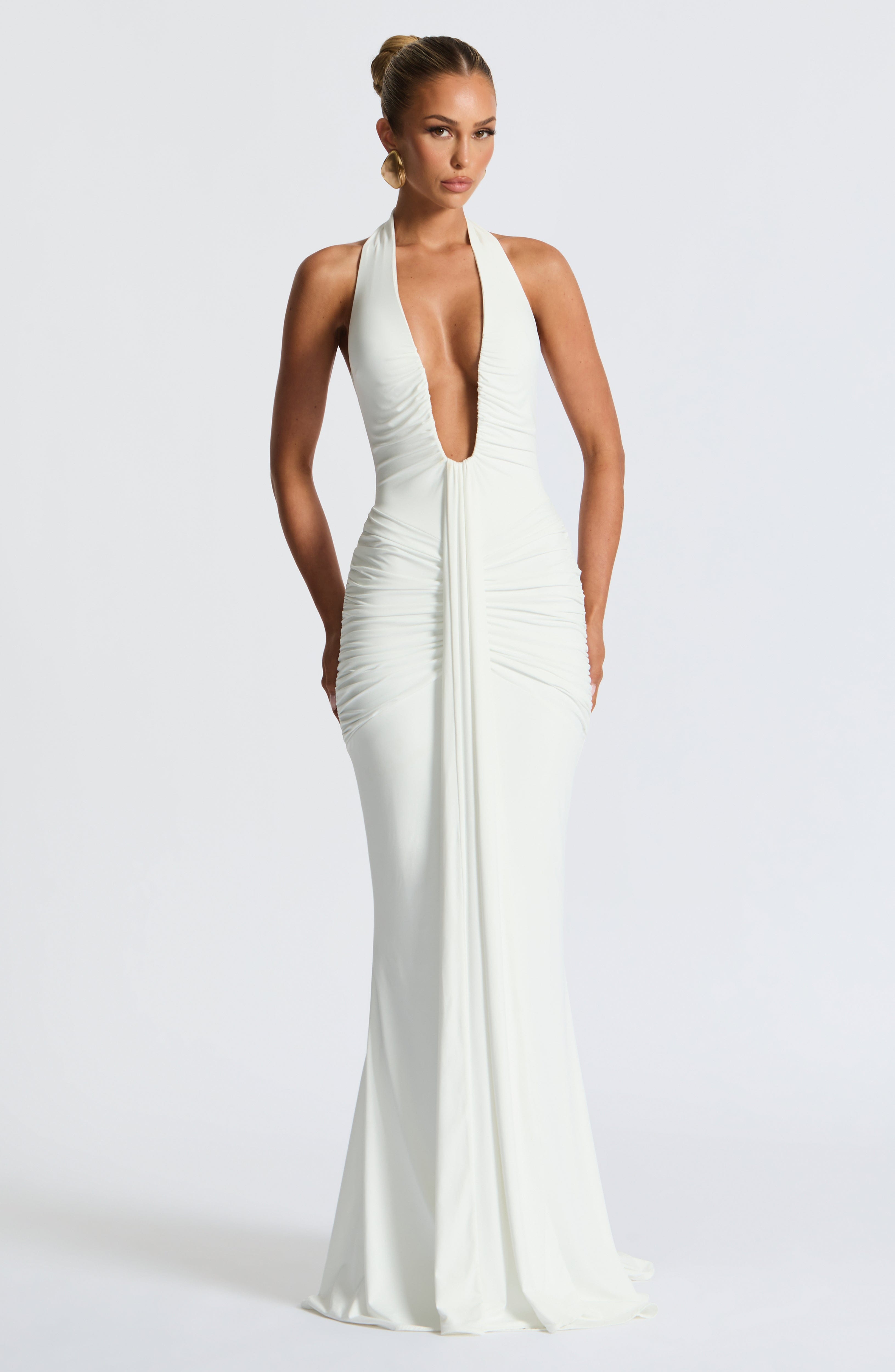 Women's Halterneck Maxi Dress with Draped Train and Ruched Front - 8