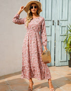 Women's Floral Maxi Dress Long Sleeve with Elasticated Waist and Ruffle Hem - 3