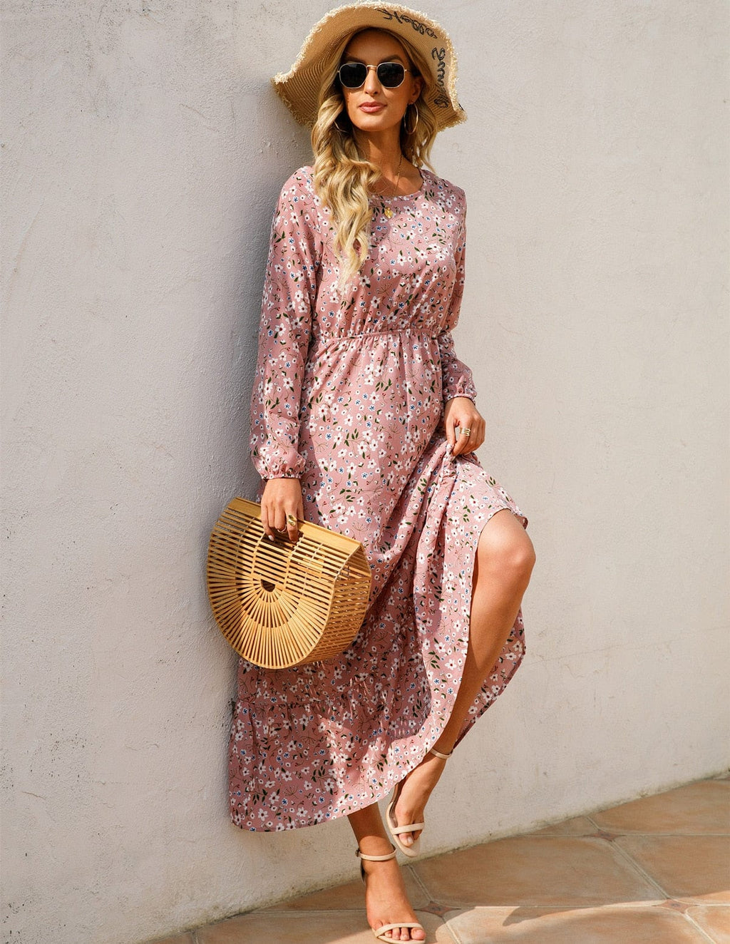 Women's Floral Maxi Dress Long Sleeve with Elasticated Waist and Ruffle Hem - 4