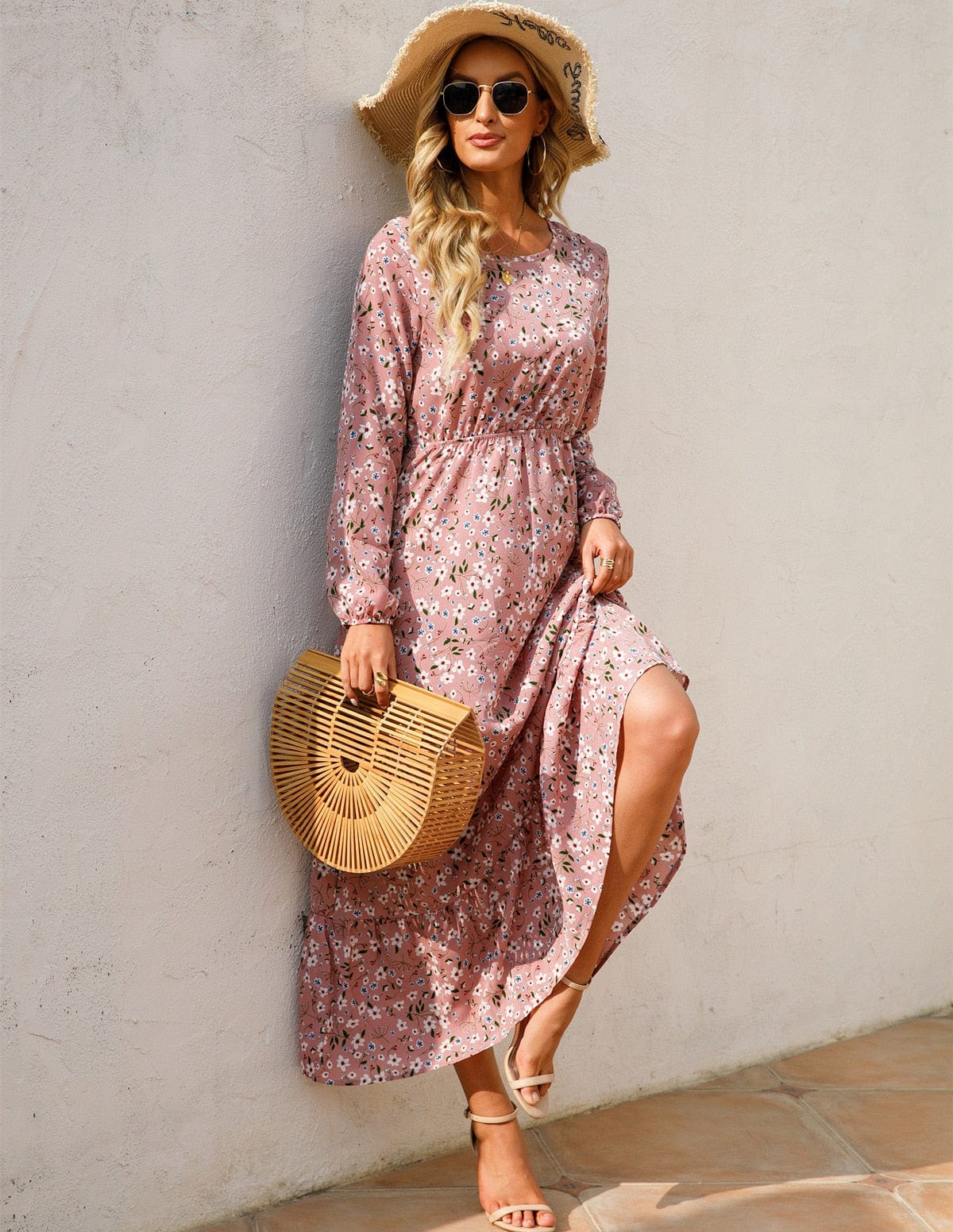 Women's Floral Maxi Dress Long Sleeve with Elasticated Waist and Ruffle Hem - 4