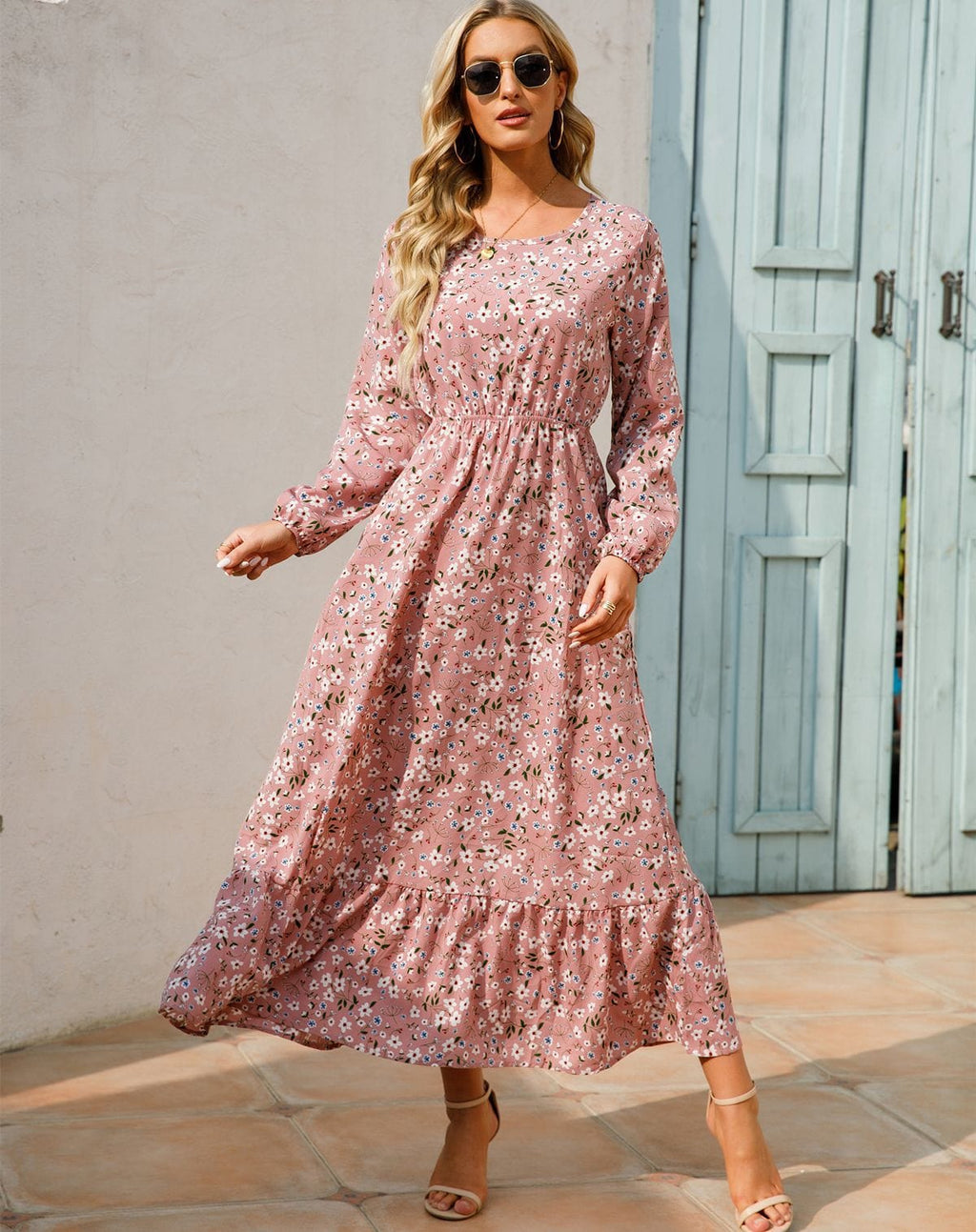 Women's Floral Maxi Dress Long Sleeve with Elasticated Waist and Ruffle Hem - 5
