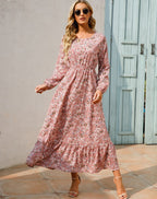 Women's Floral Maxi Dress Long Sleeve with Elasticated Waist and Ruffle Hem - 5
