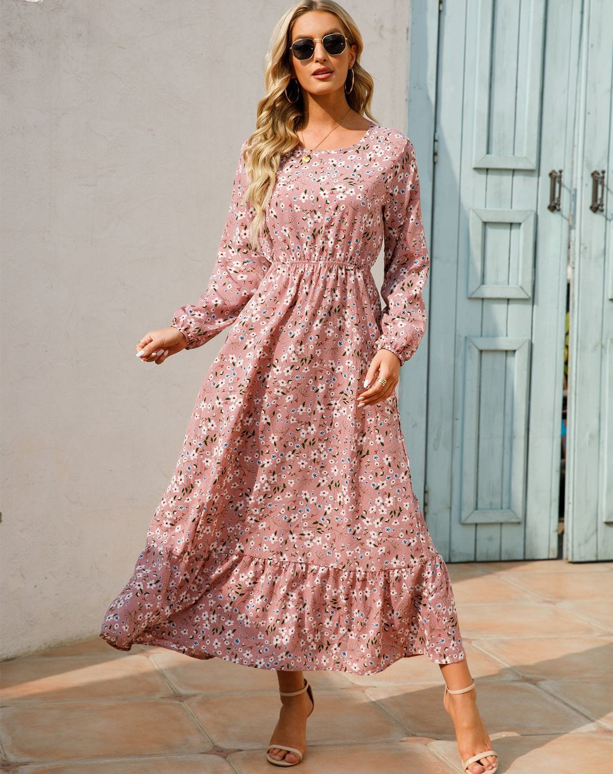Women's Floral Maxi Dress Long Sleeve with Elasticated Waist and Ruffle Hem - 5