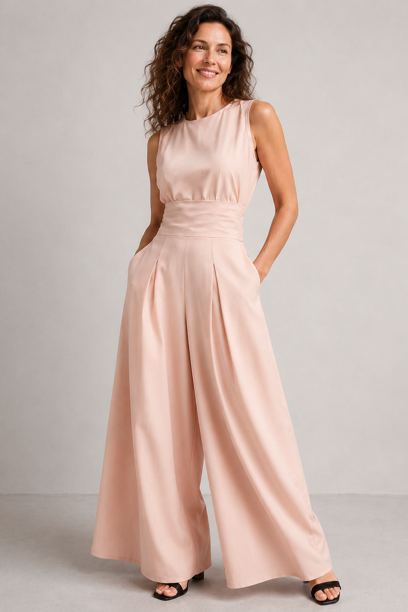 Women's Sleeveless Wide Leg Jumpsuit with High Neck and Wrap Belt - Pink