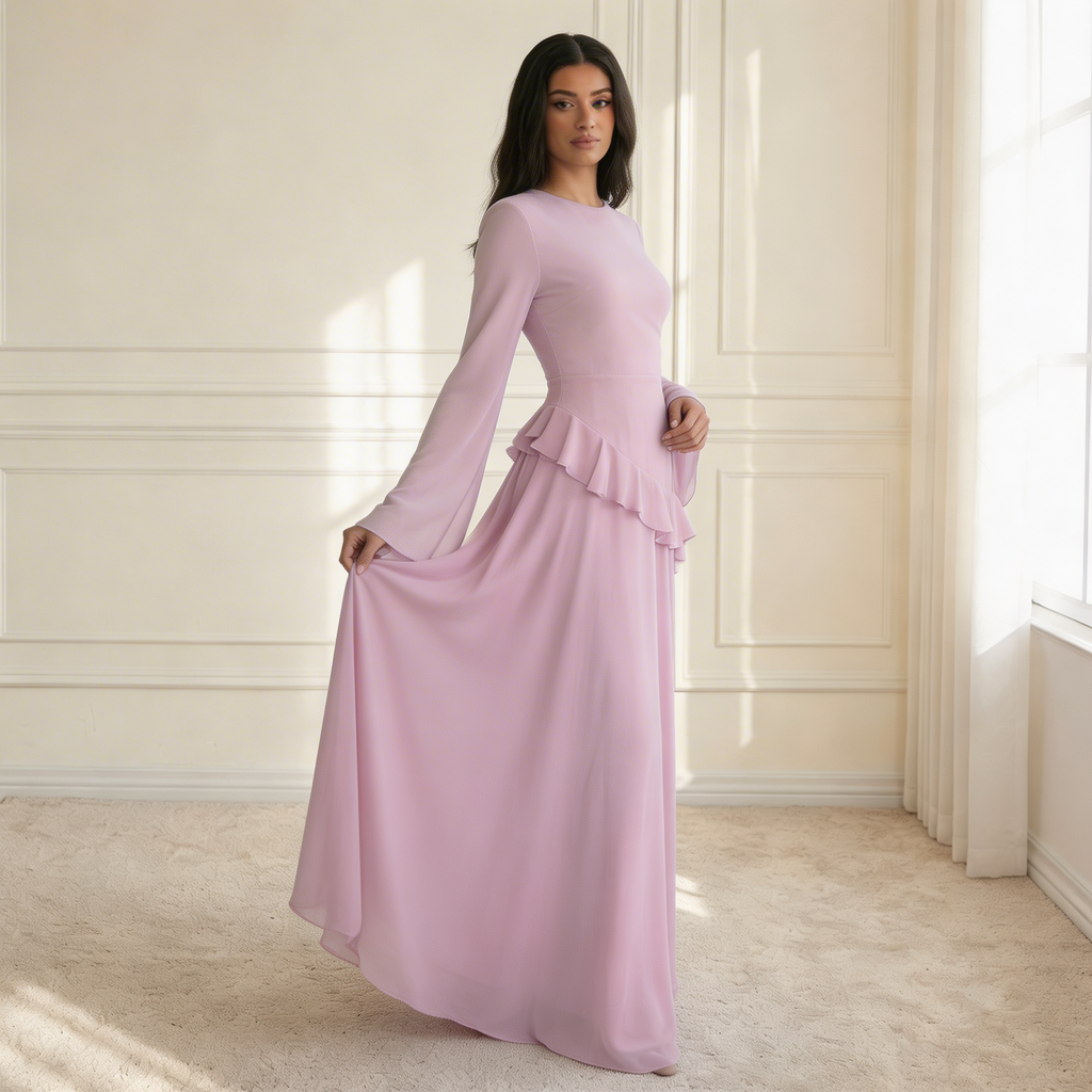 Women's Maxi Dress with Ruffle Detail and Flared Sleeves - 13
