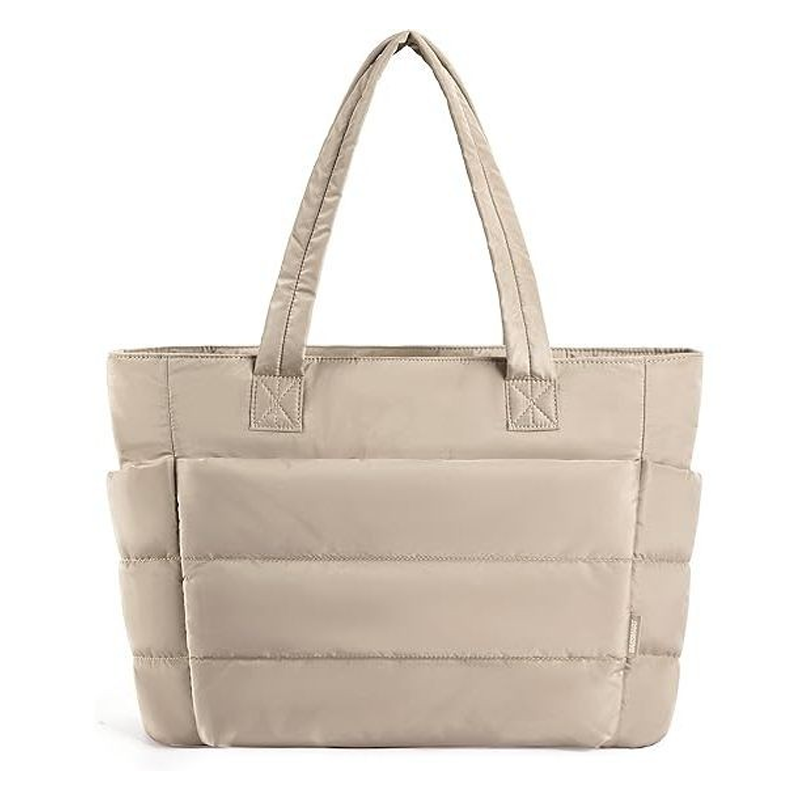 Women's Quilted Tote Bag with Padded Shoulder Straps - Khaki