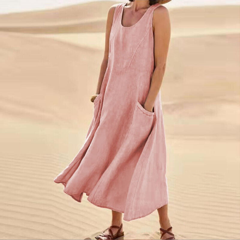 Women's Sleeveless Dress with Pockets and A-Line Silhouette - Pink