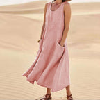 Women's Sleeveless Dress with Pockets and A-Line Silhouette - Pink