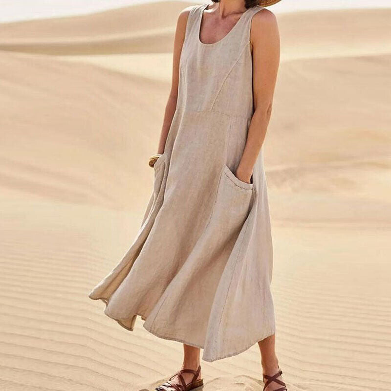 Women's Sleeveless Dress with Pockets and A-Line Silhouette - Khaki