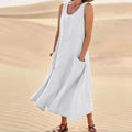 Women's Sleeveless Dress with Pockets and A-Line Silhouette - White