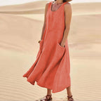 Women's Sleeveless Dress with Pockets and A-Line Silhouette - Orange