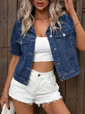 Women's Denim Shirt Jacket Short Sleeve with Button Front - Baby Blue