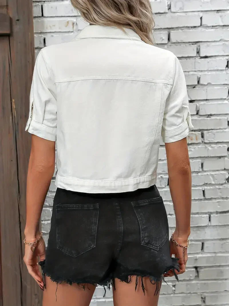 Women's Denim Shirt Jacket Short Sleeve with Button Front - 11