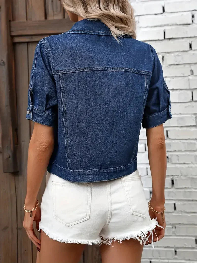 Women's Denim Shirt Jacket Short Sleeve with Button Front - 2