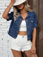Women's Denim Shirt Jacket Short Sleeve with Button Front - 3