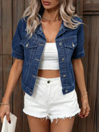 Women's Denim Shirt Jacket Short Sleeve with Button Front - 4