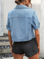 Women's Denim Shirt Jacket Short Sleeve with Button Front - 6