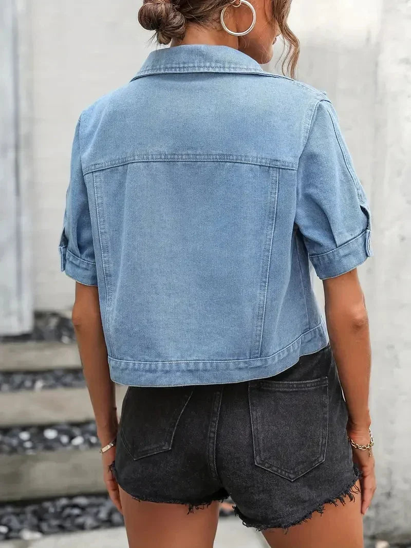 Women's Denim Shirt Jacket Short Sleeve with Button Front - 6