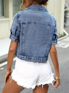 Women's Denim Shirt Jacket Short Sleeve with Button Front - 8