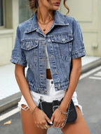 Women's Denim Shirt Jacket Short Sleeve with Button Front - 9