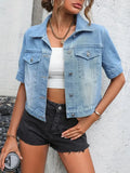 Women's Denim Shirt Jacket Short Sleeve with Button Front - Light Blue