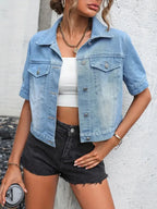 Women's Denim Shirt Jacket Short Sleeve with Button Front - Light Blue