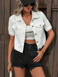 Women's Denim Shirt Jacket Short Sleeve with Button Front - White