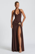 Women's Maxi Skirt Ruched with High Slit and Flower Detail - 2