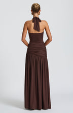 Women's Maxi Skirt Ruched with High Slit and Flower Detail - 7