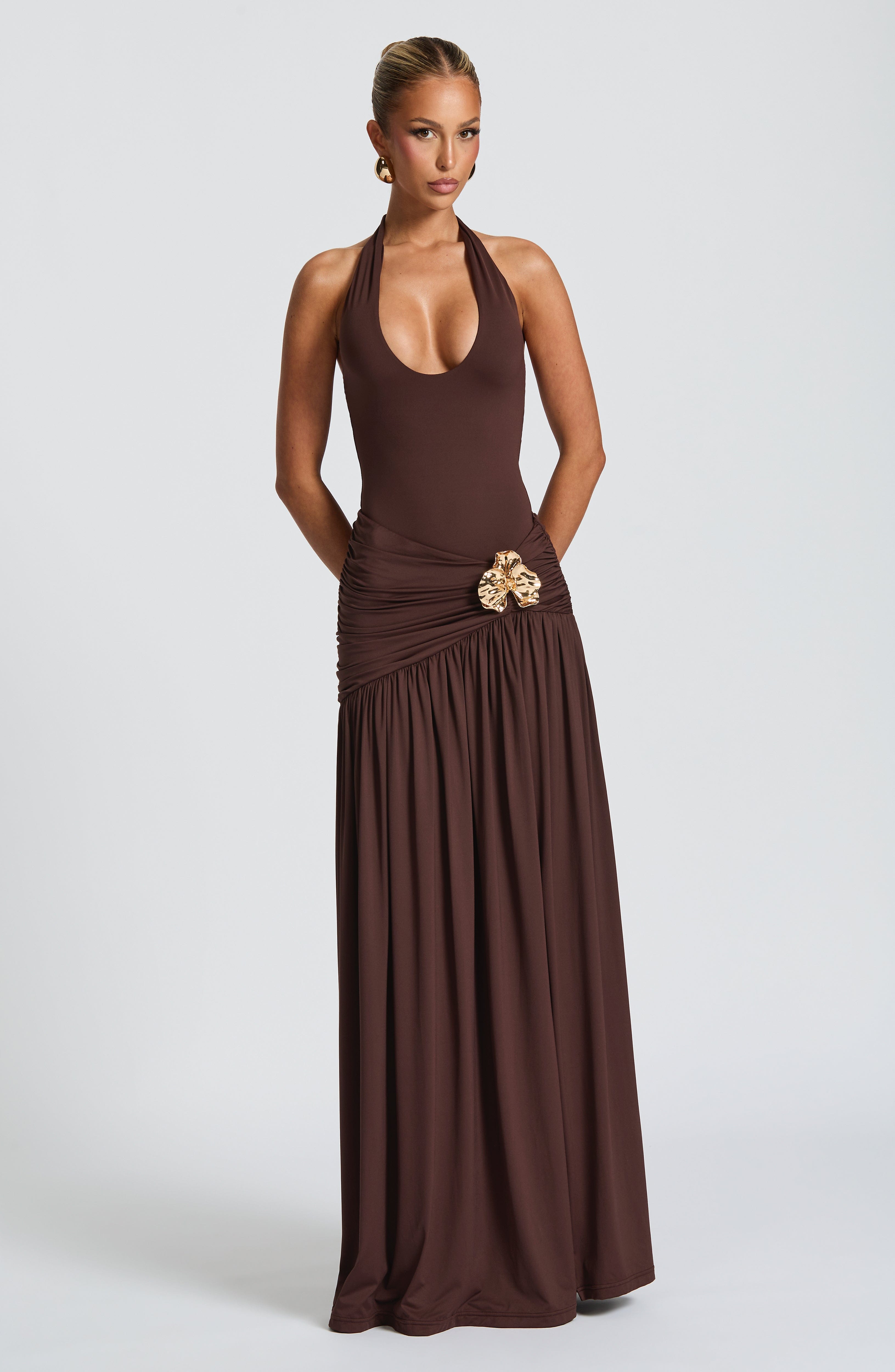 Women's Maxi Skirt Ruched with High Slit and Flower Detail - 10