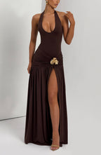 Women's Maxi Skirt Ruched with High Slit and Flower Detail - 5
