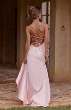 Women's Maxi Dress Sleeveless with Cowl Neck and Draped Ruffle Hem - 4