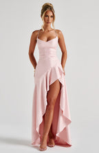 Women's Maxi Dress Sleeveless with Cowl Neck and Draped Ruffle Hem - 6