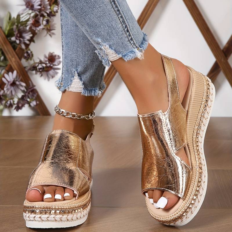Women's Wedge Sandals with Cutout Upper and Slingback Buckle - Gold