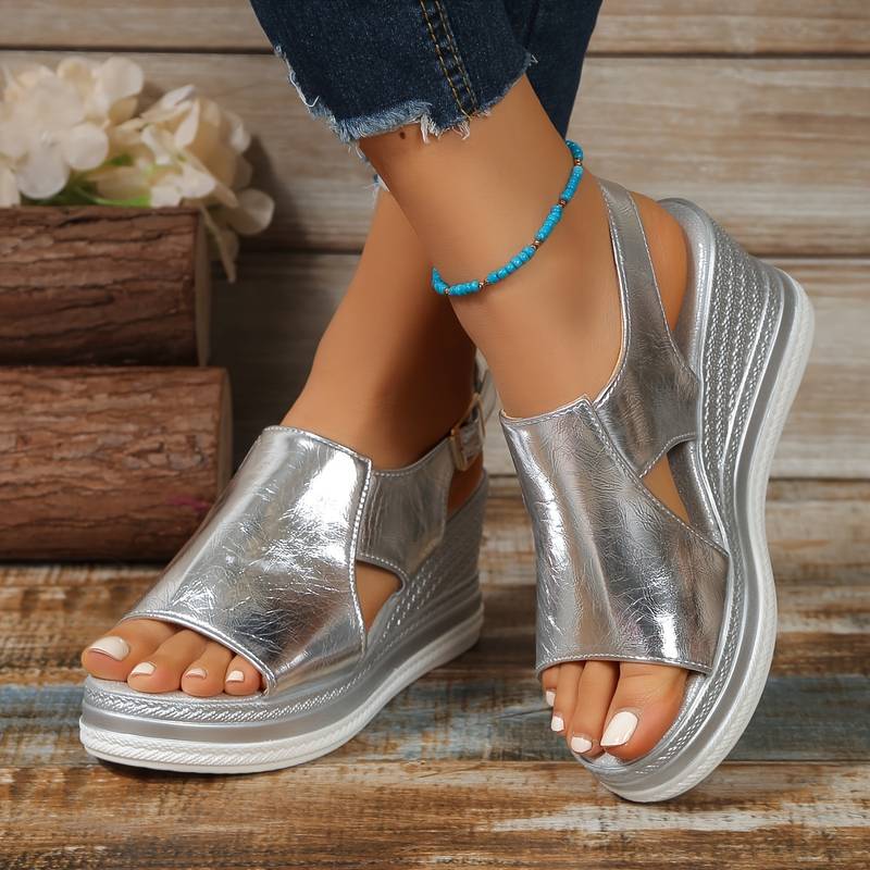 Women's Wedge Sandals with Cutout Upper and Slingback Buckle - Silver
