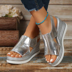Women's Wedge Sandals with Cutout Upper and Slingback Buckle - Silver
