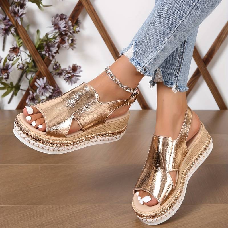 Women's Wedge Sandals with Cutout Upper and Slingback Buckle - 4