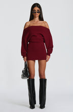 Women's Bardot Knit Mini Dress with Long Sleeves and Bodycon Fit - 4