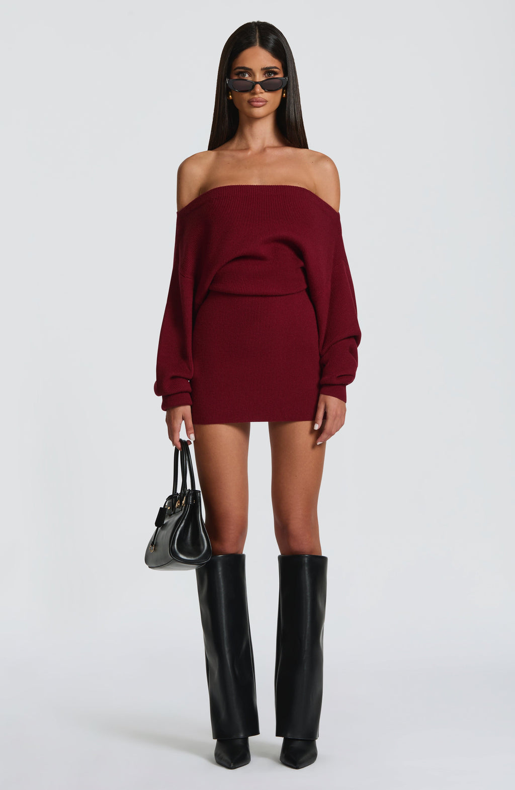 Women's Bardot Knit Mini Dress with Long Sleeves and Bodycon Fit - 7