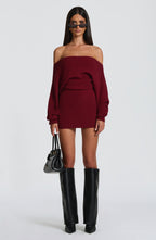 Women's Bardot Knit Mini Dress with Long Sleeves and Bodycon Fit - 7